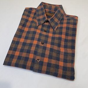Robert Barakett Mens Button Up Check Orange Blue Flannel- L